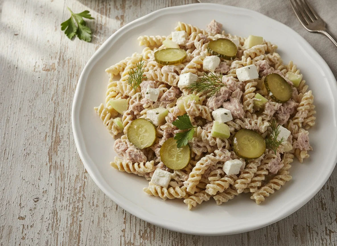 Nudelsalat mit Thunfisch und Gewürzgurken photo