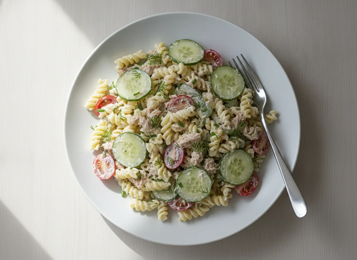 Nudelsalat mit Thunfisch und Gurke photo