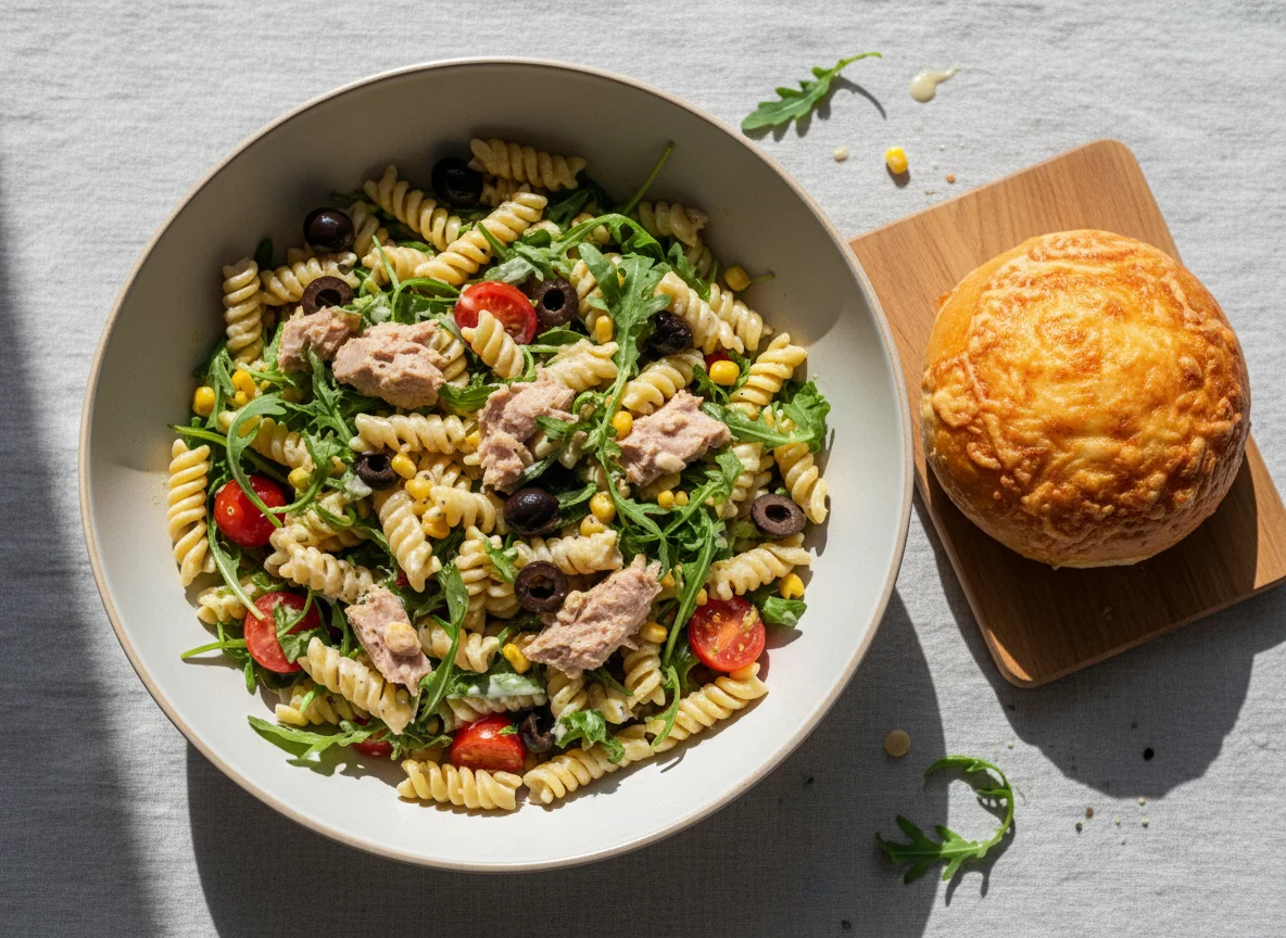 Nudelsalat mit Thunfisch und Käsebrötchen photo