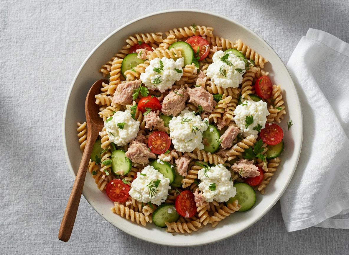 Nudelsalat mit Thunfisch und körnigem Frischkäse photo