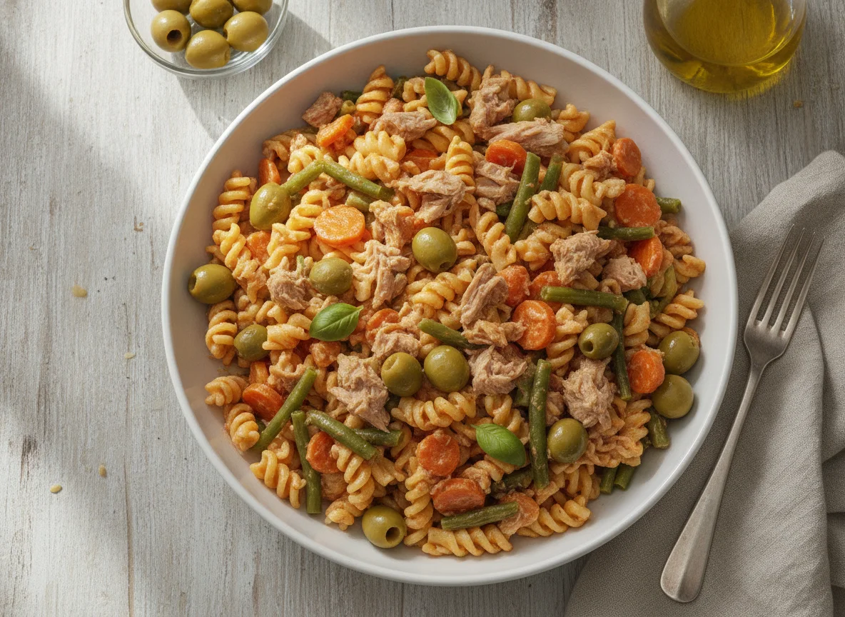 Nudelsalat mit Thunfisch und Oliven photo