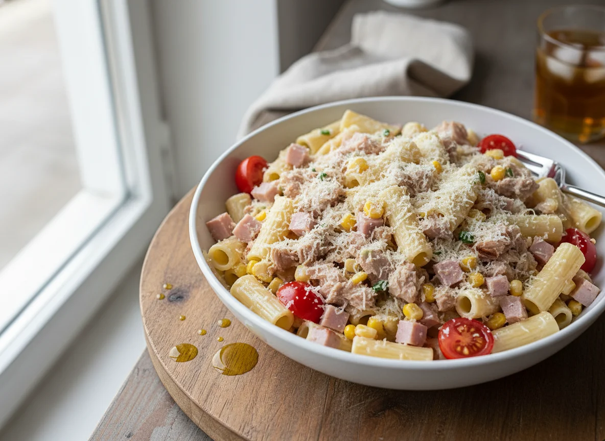 Nudelsalat mit Thunfisch und Schinken photo
