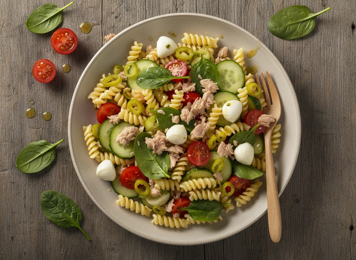 Nudelsalat mit Thunfisch und Spinat photo