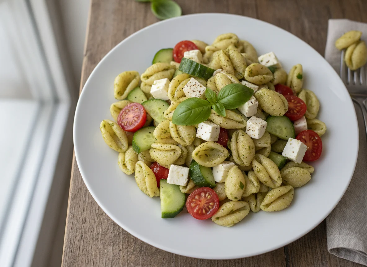 Nudelsalat mit Tomaten, Gurken und Feta photo