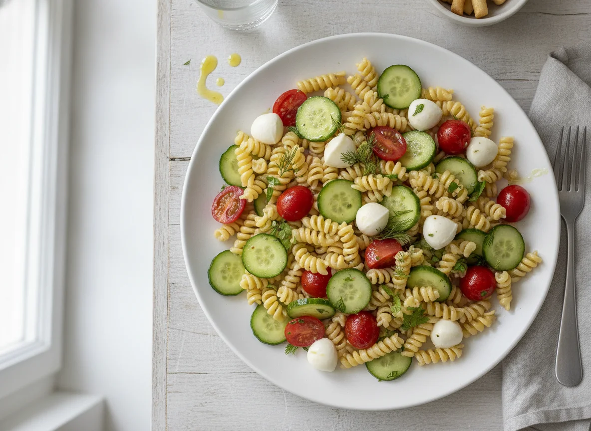 Nudelsalat mit Tomaten, Gurken und Mozzarella photo