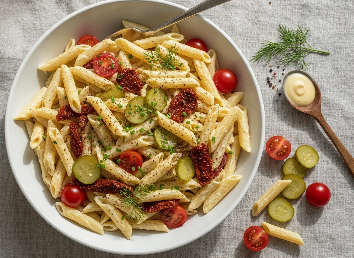 Nudelsalat mit Tomaten und cremiger Sauce photo