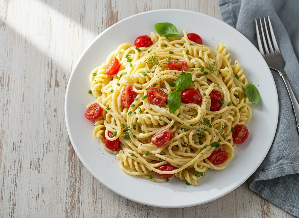 Nudelsalat mit Tomaten und cremiger Soße photo