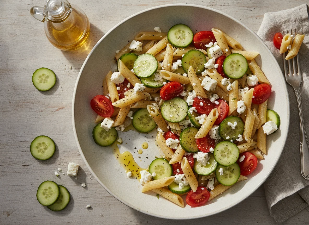 Nudelsalat mit Tomaten und Gurken photo