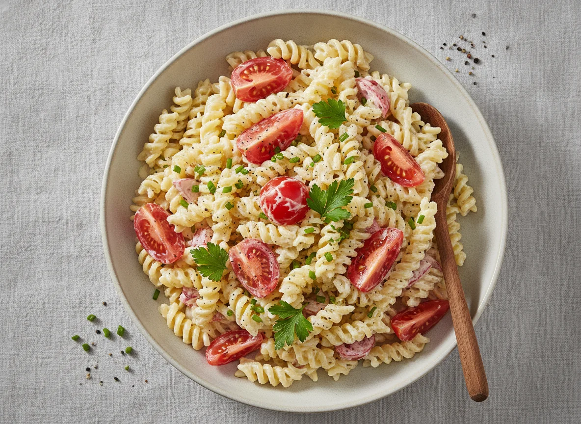 Nudelsalat mit Tomaten und Mayonnaise-Dressing photo