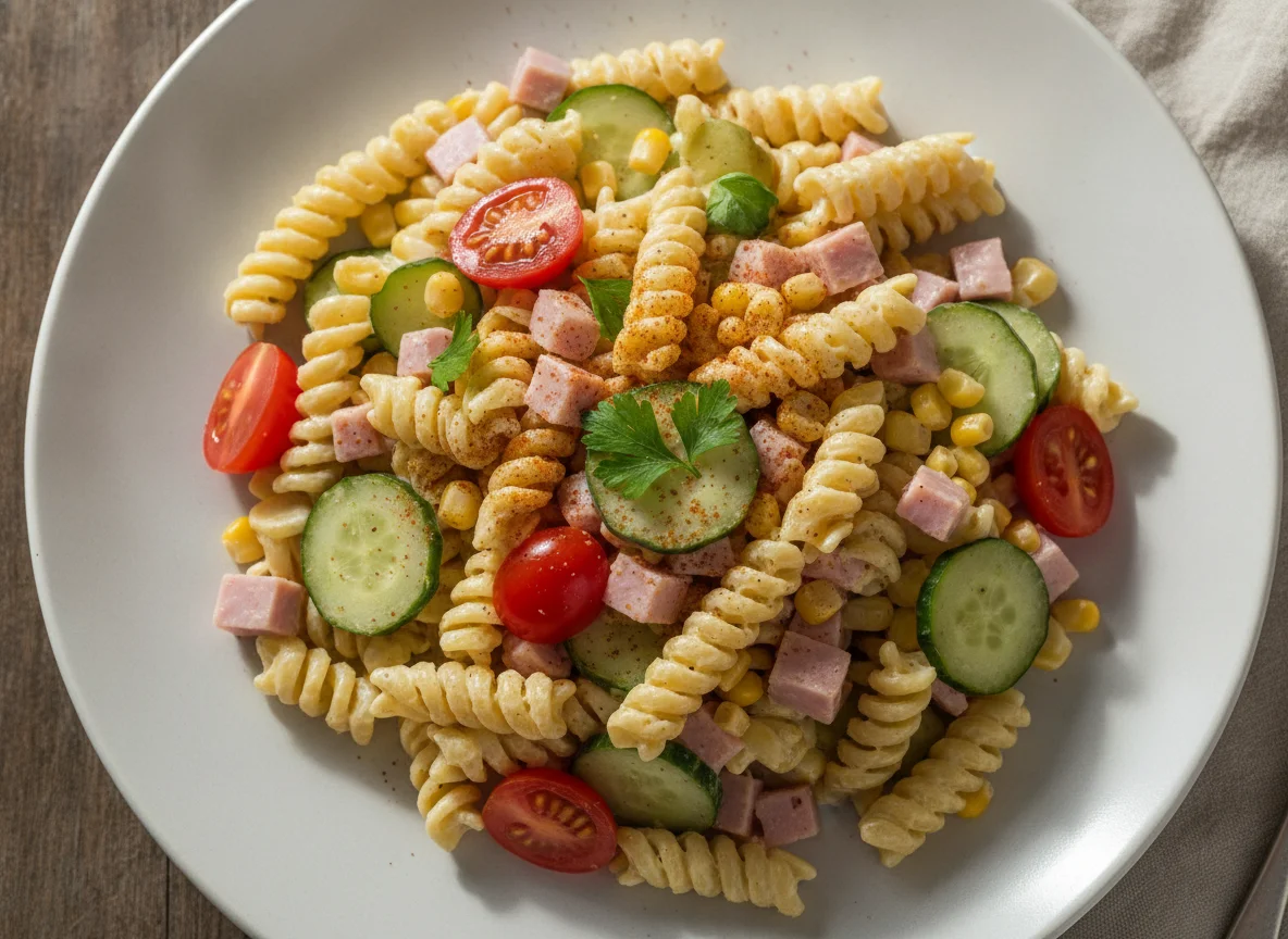 Nudelsalat mit Tomaten und Schinken photo