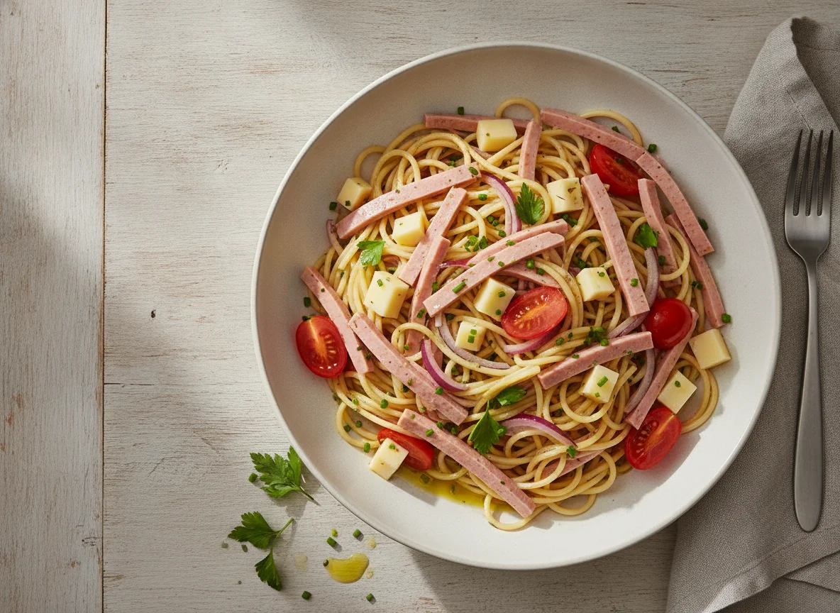 Nudelsalat mit Wurst und Käse photo