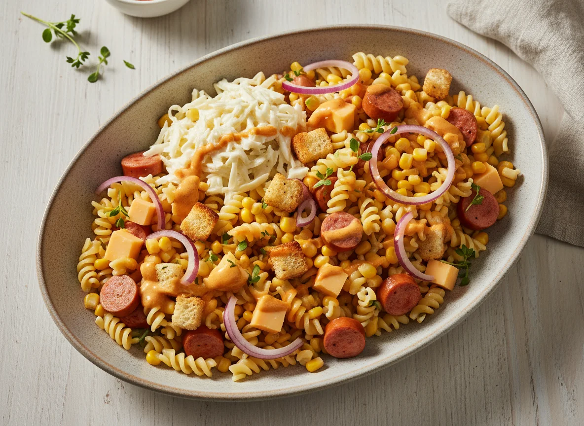 Nudelsalat mit Würstchen und Krautsalat photo