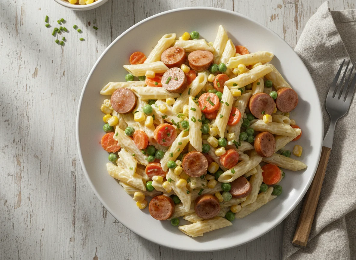 Nudelsalat mit Würstchen und Sahnesauce photo