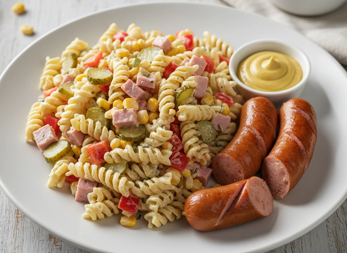 Nudelsalat mit Würstchen und Senf photo