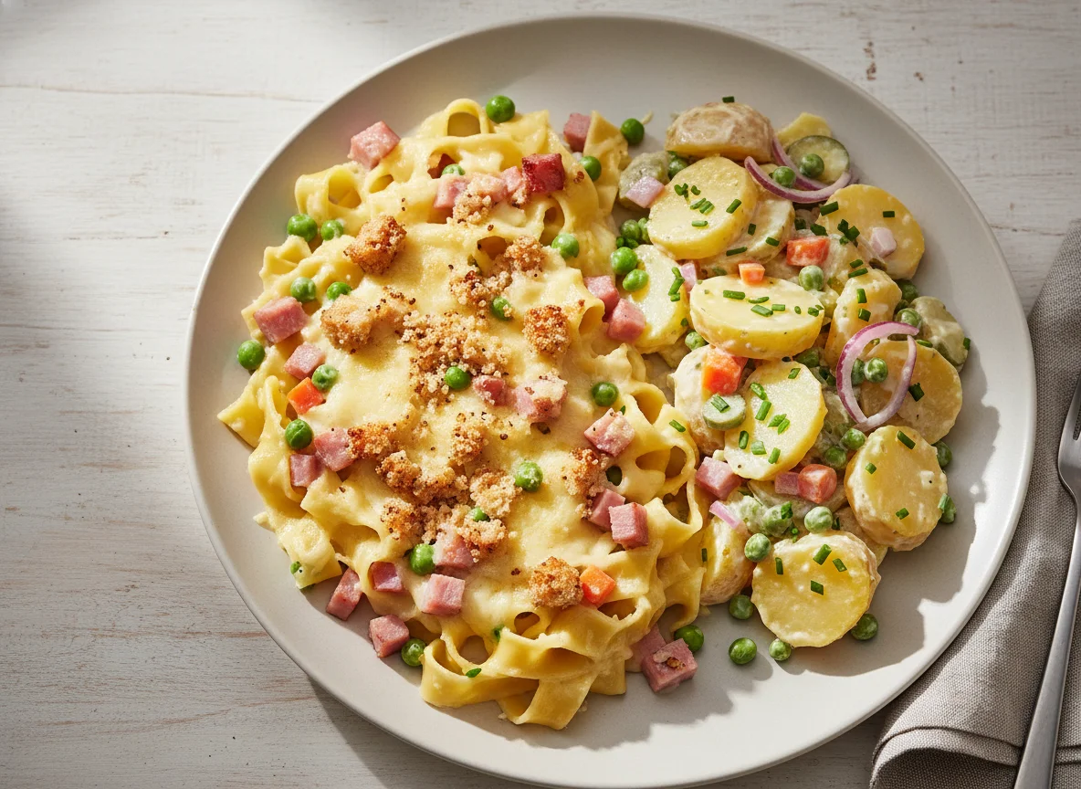 Nudel-Schinken-Gratin und Kartoffelsalat photo