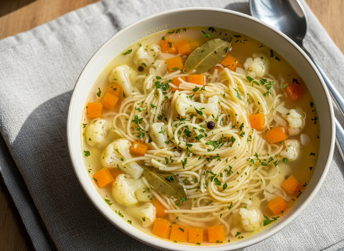 Nudelsuppe mit Blumenkohl und Karotten photo