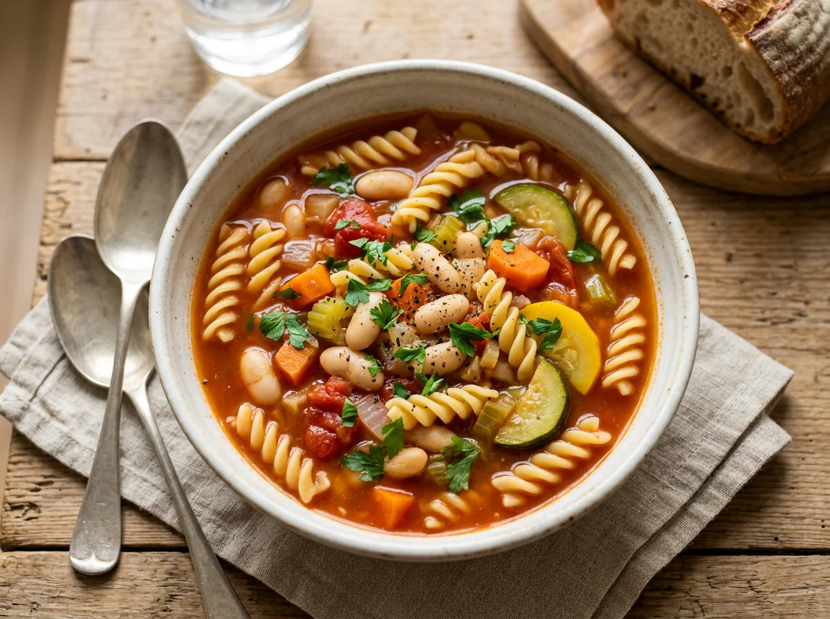 Nudelsuppe mit Bohnen und Gemüse photo