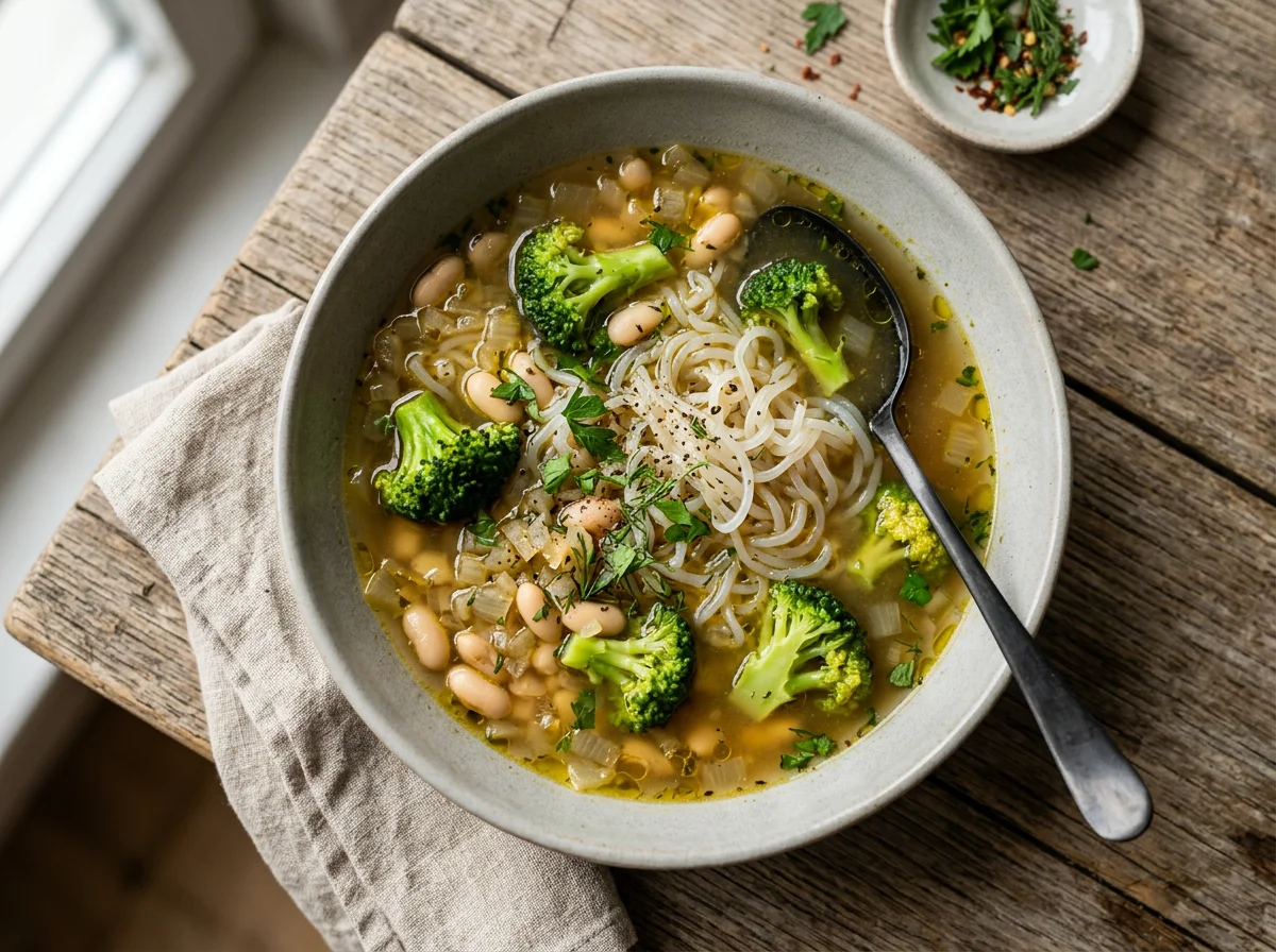 Nudelsuppe mit Brokkoli und weißen Bohnen photo