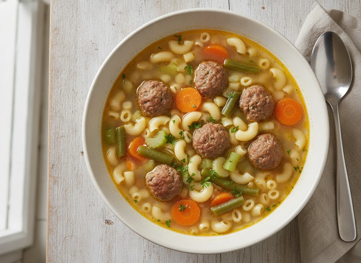 Nudelsuppe mit Fleischbällchen und Gemüse photo