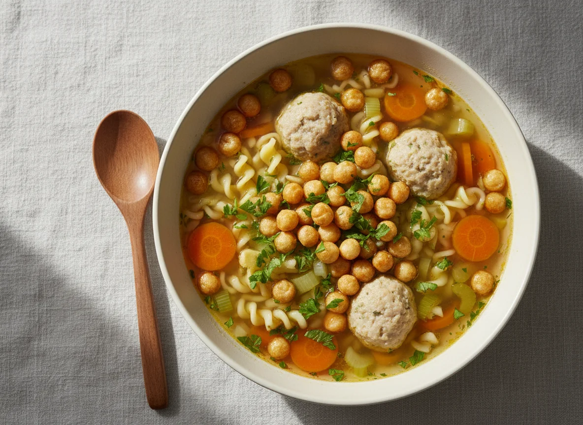 Nudelsuppe mit Fleischklößchen und Backerbsen photo