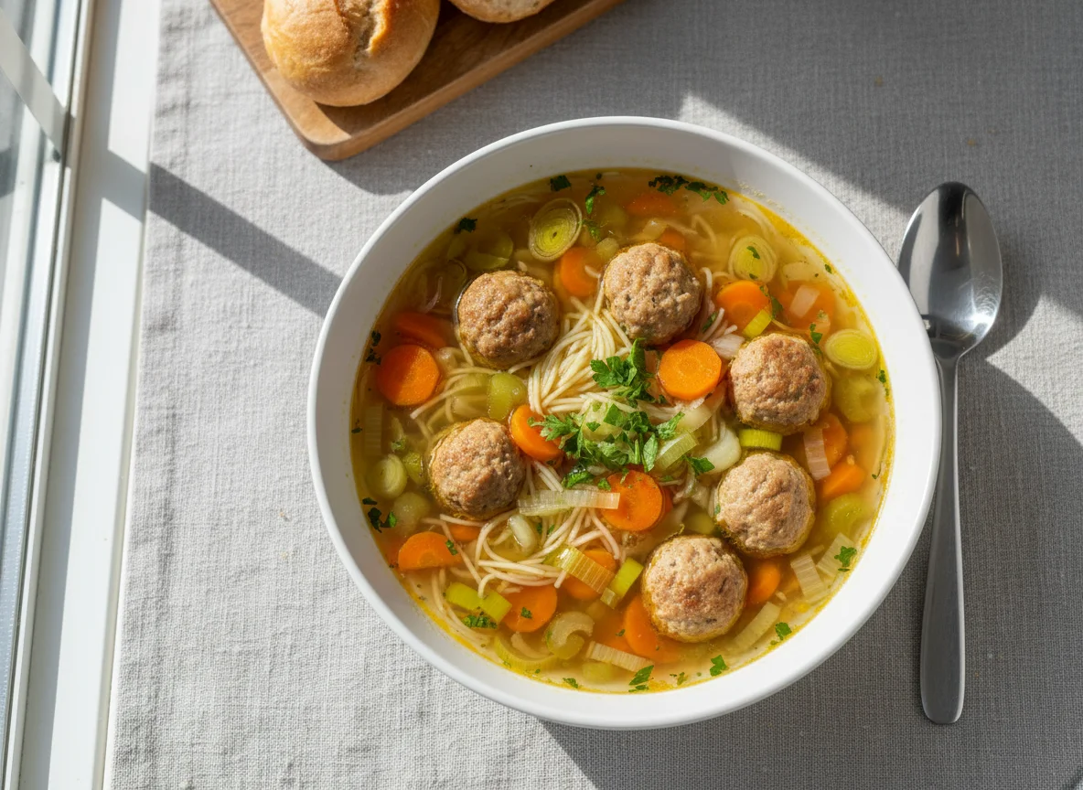 Nudelsuppe mit Fleischklößchen und Gemüse photo