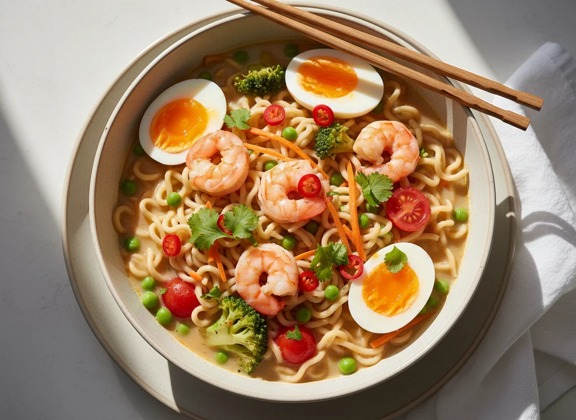 Nudelsuppe mit Garnelen und Ei photo