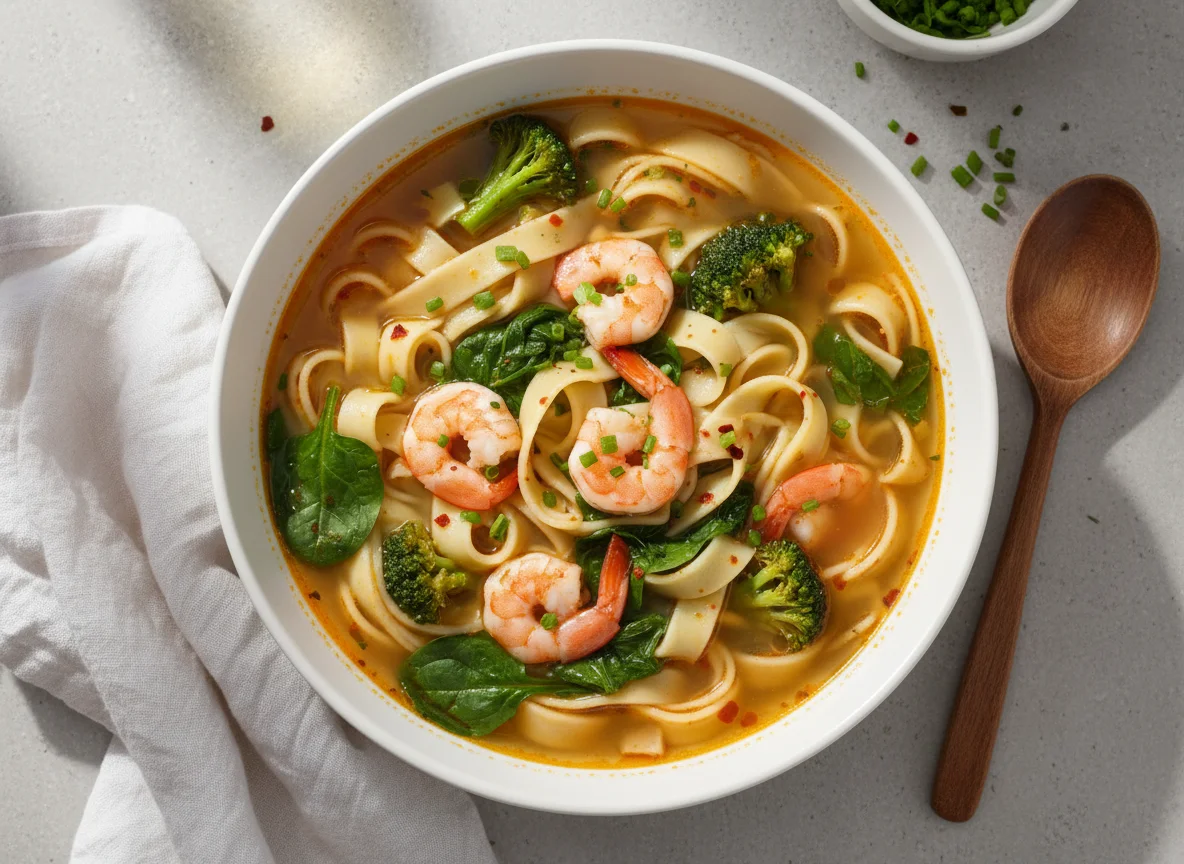 Nudelsuppe mit Garnelen und Gemüse photo