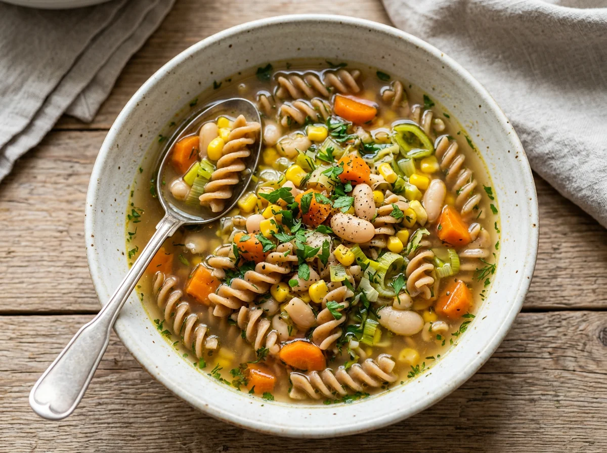Nudelsuppe mit Gemüse und Bohnen photo