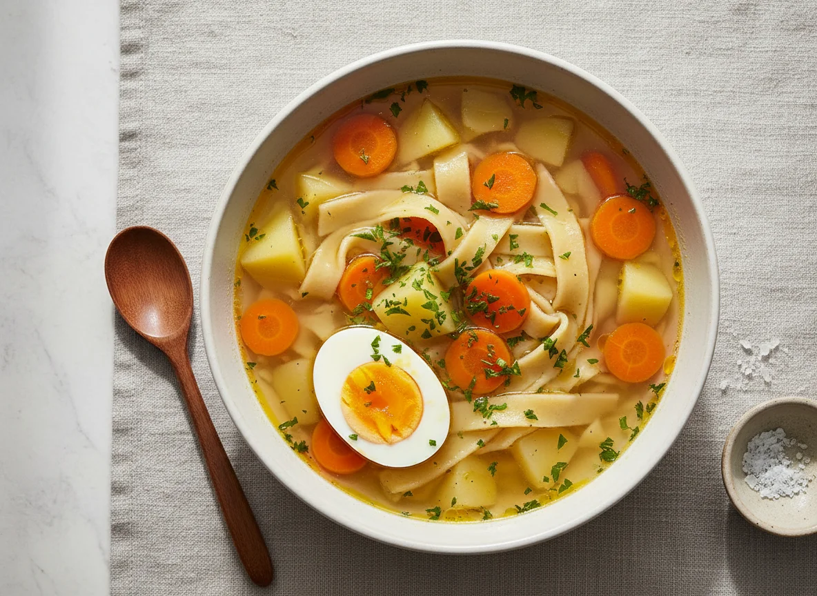 Nudelsuppe mit Gemüse und Ei photo