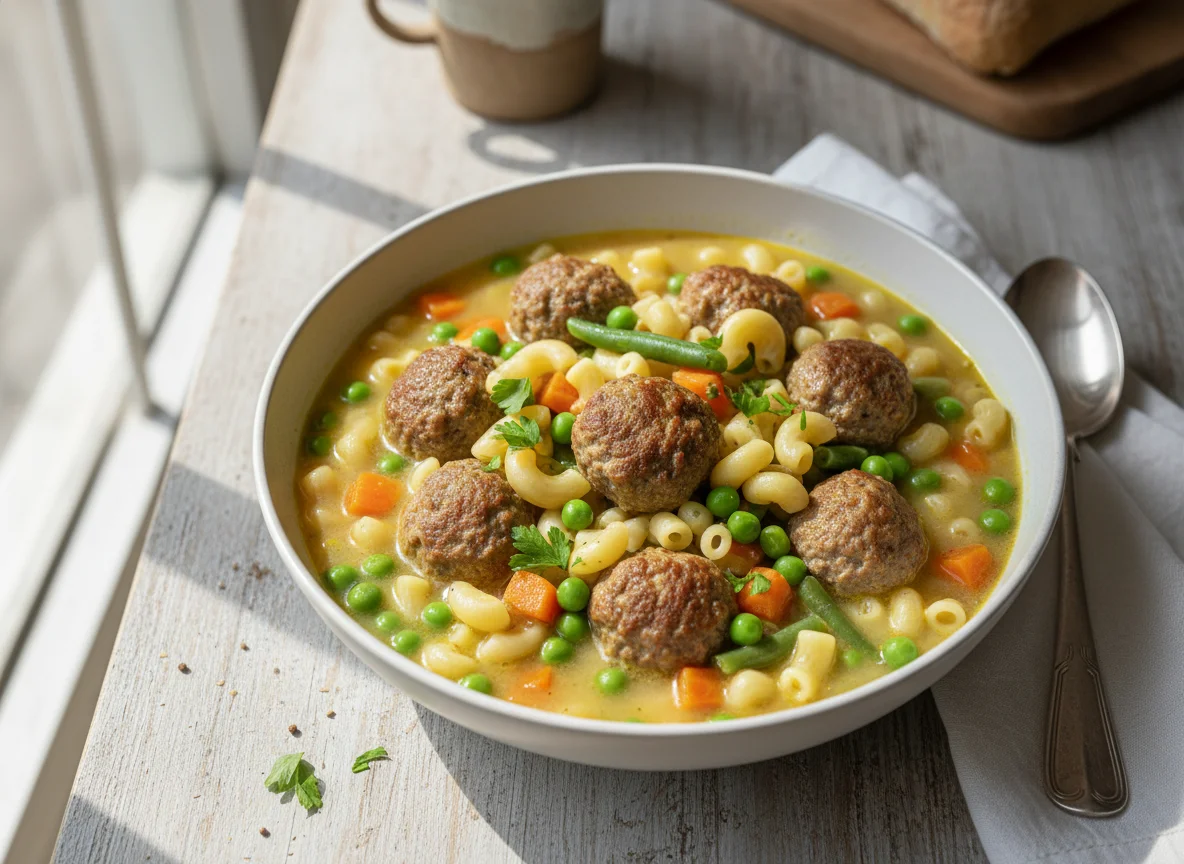 Nudelsuppe mit Gemüse und Fleischbällchen photo