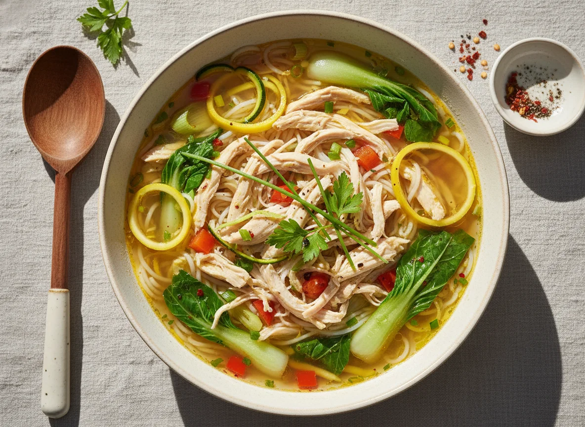 Nudelsuppe mit Gemüse und Hähnchen photo