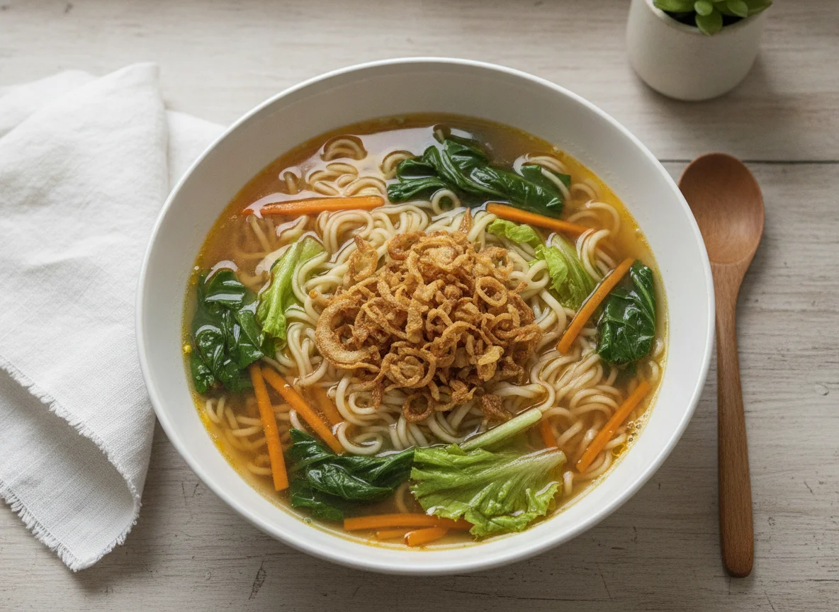 Nudelsuppe mit Gemüse und Röstzwiebeln photo