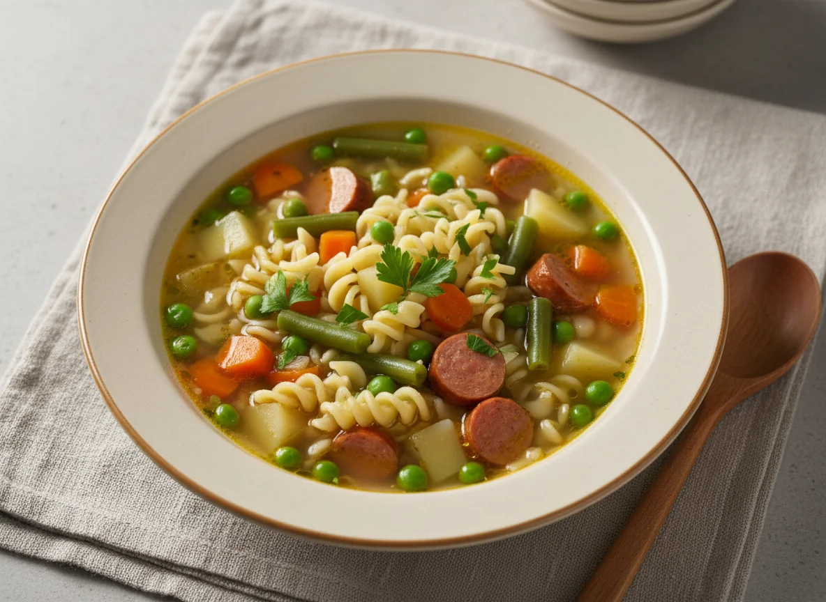 Nudelsuppe mit Gemüse und Würstchen photo