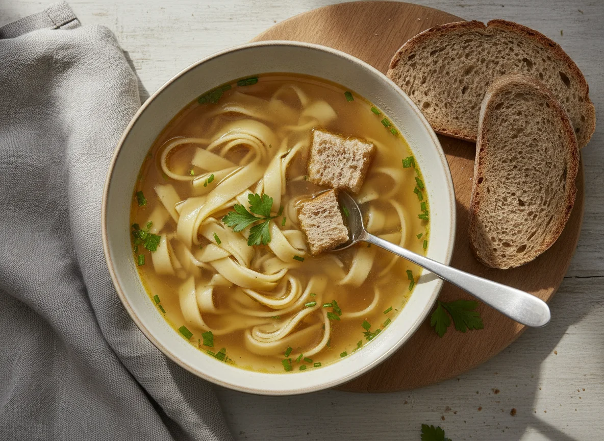 Nudelsuppe mit Graubrot photo