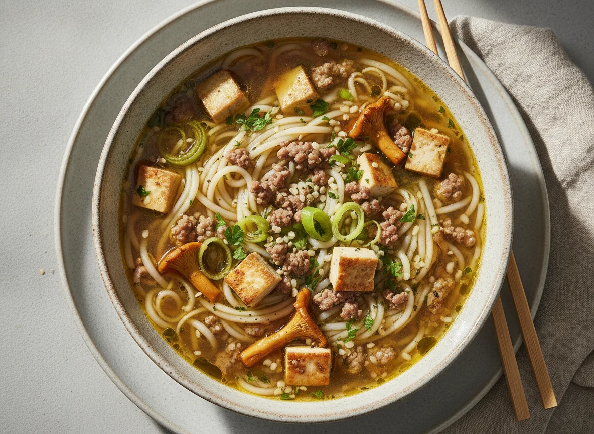 Nudelsuppe mit Hackfleisch, Tofu und Hanfsamen photo