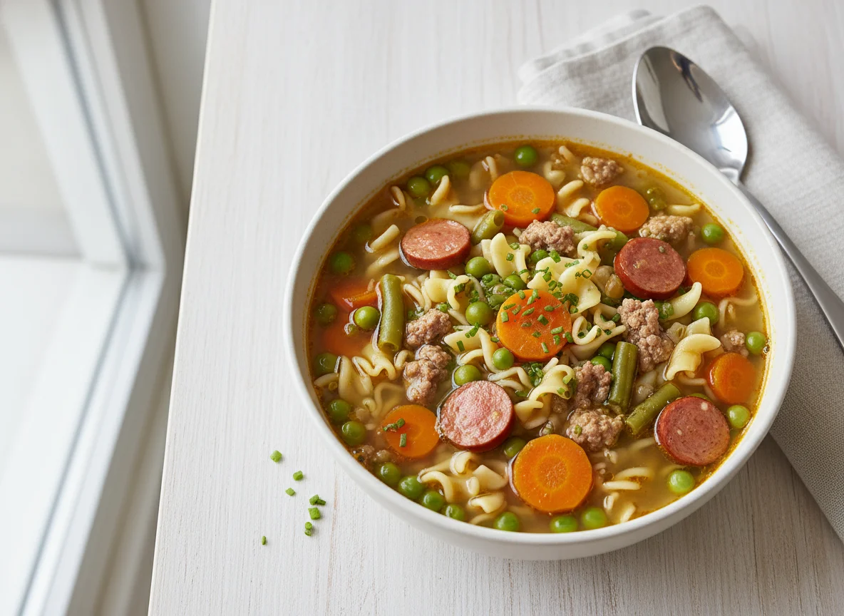 Nudelsuppe mit Hackfleisch und Gemüse photo