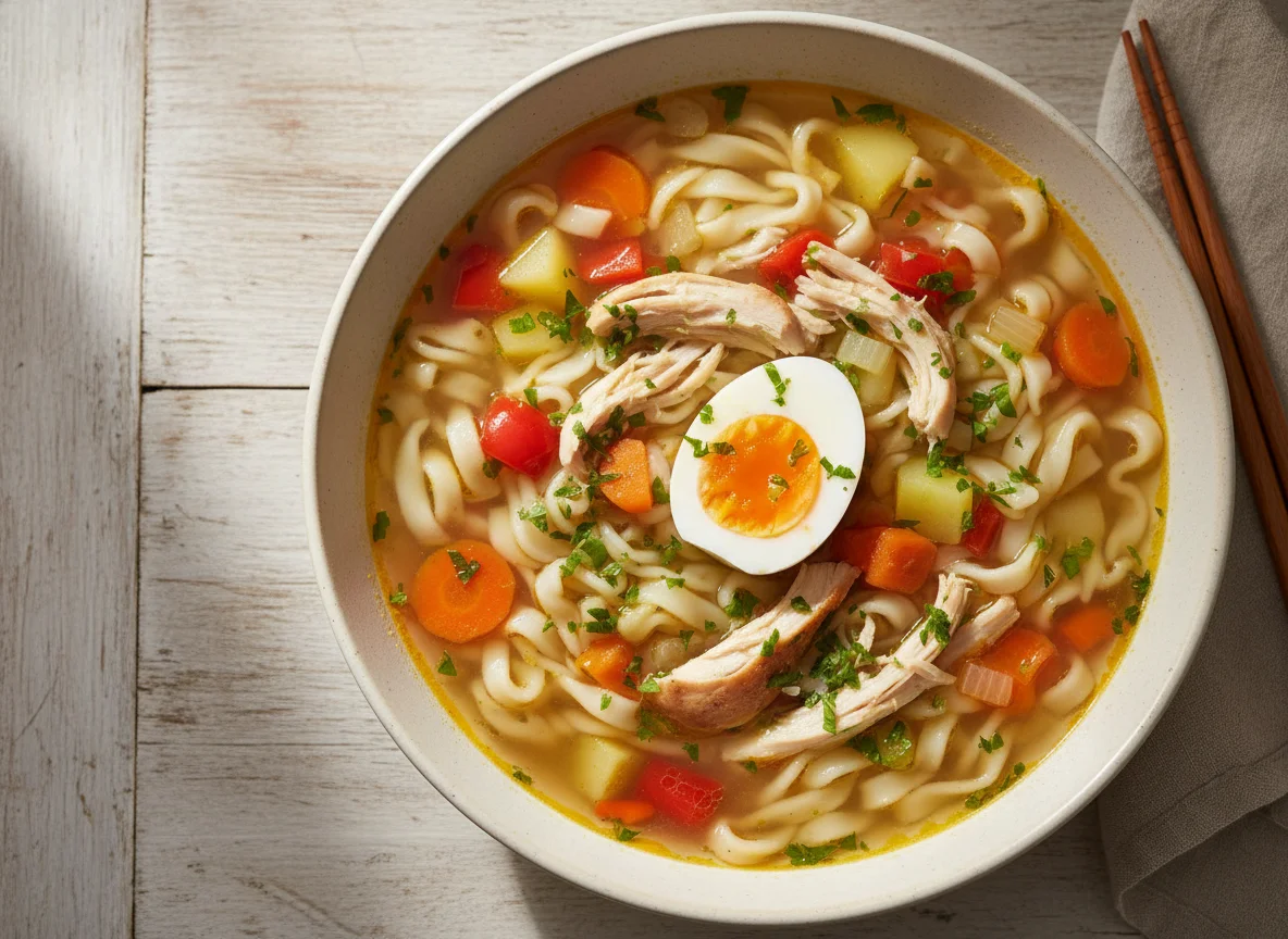 Nudelsuppe mit Huhn und Gemüse, dazu ein gekochtes Ei photo