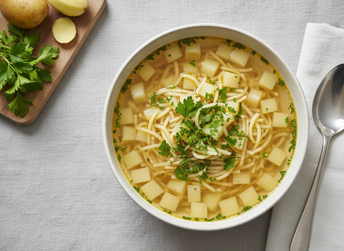 Nudelsuppe mit Kartoffeln und Kräutern photo