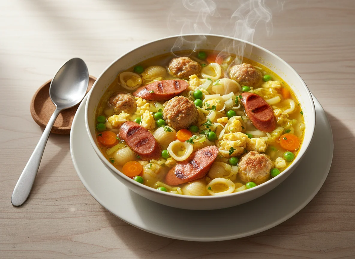Nudelsuppe mit Klößchen und Würstchen photo