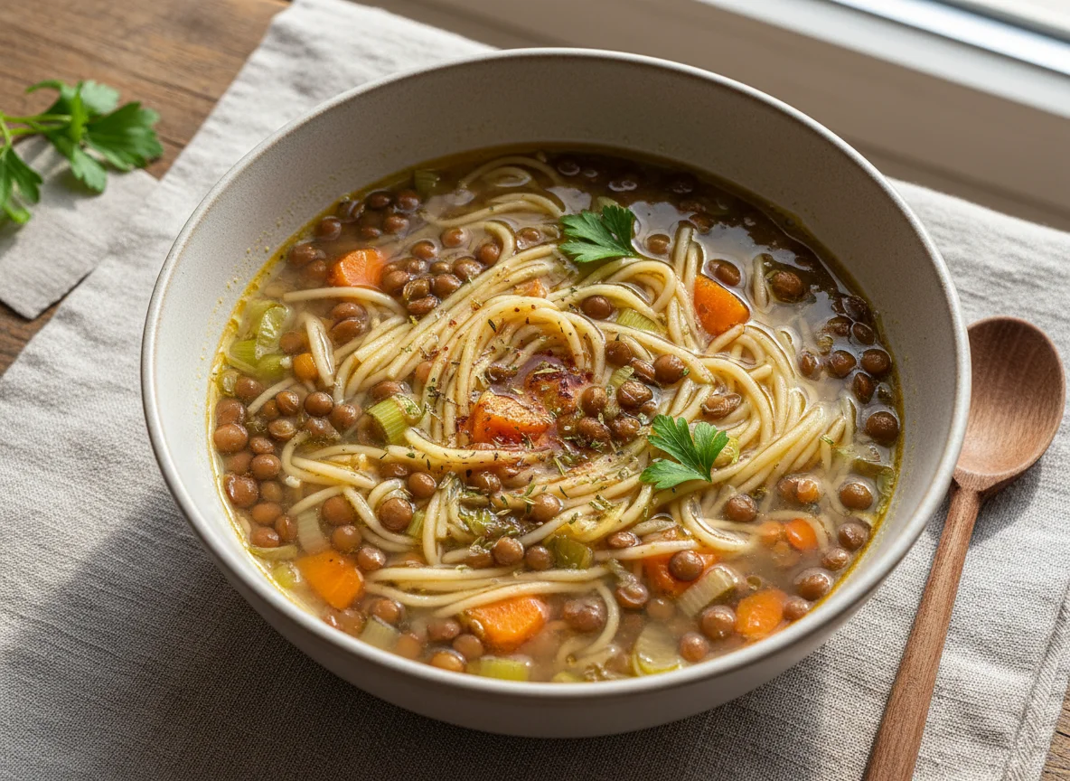 Nudelsuppe mit Linsen photo
