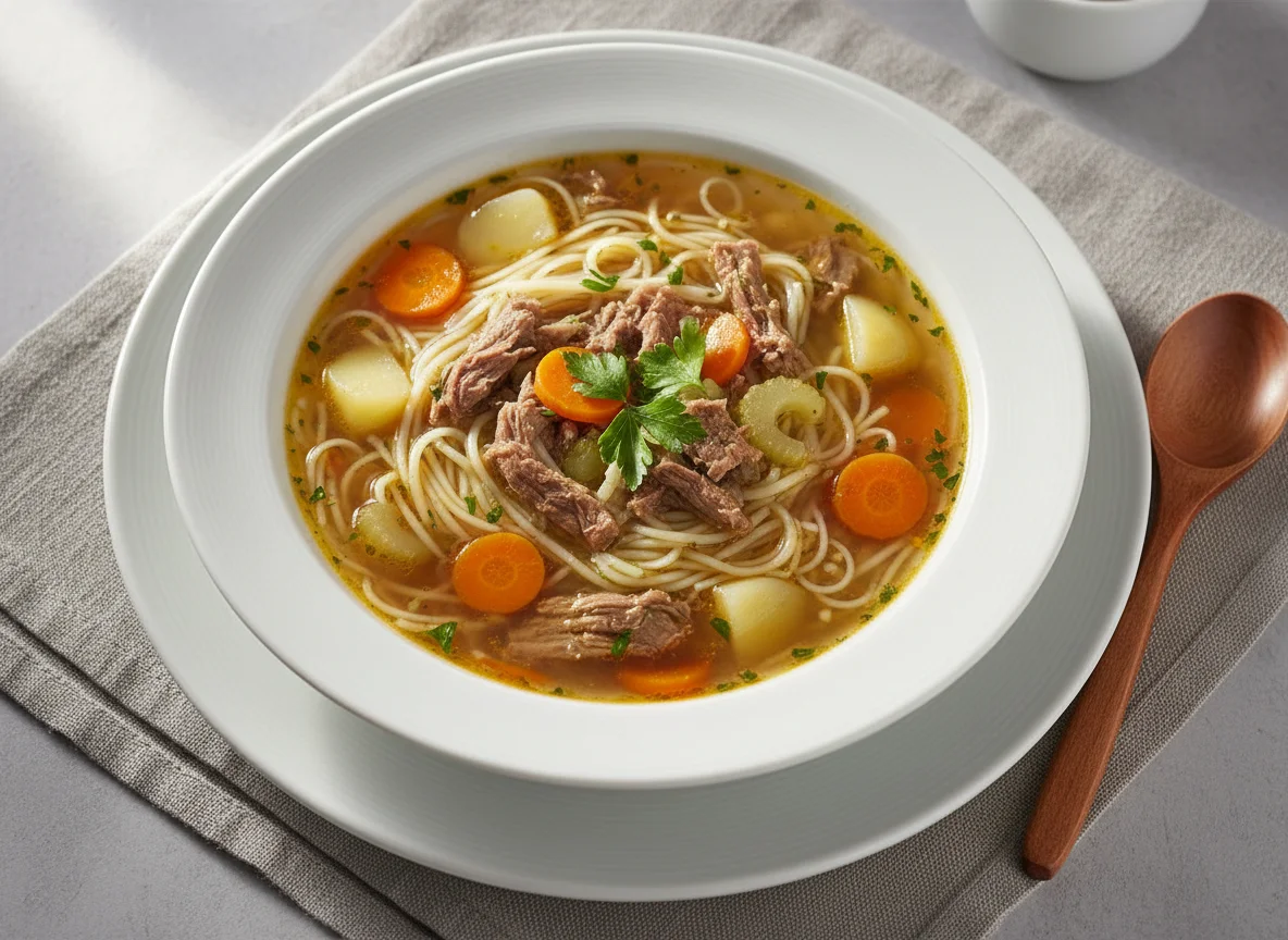 Nudelsuppe mit Rindfleisch und Gemüse photo