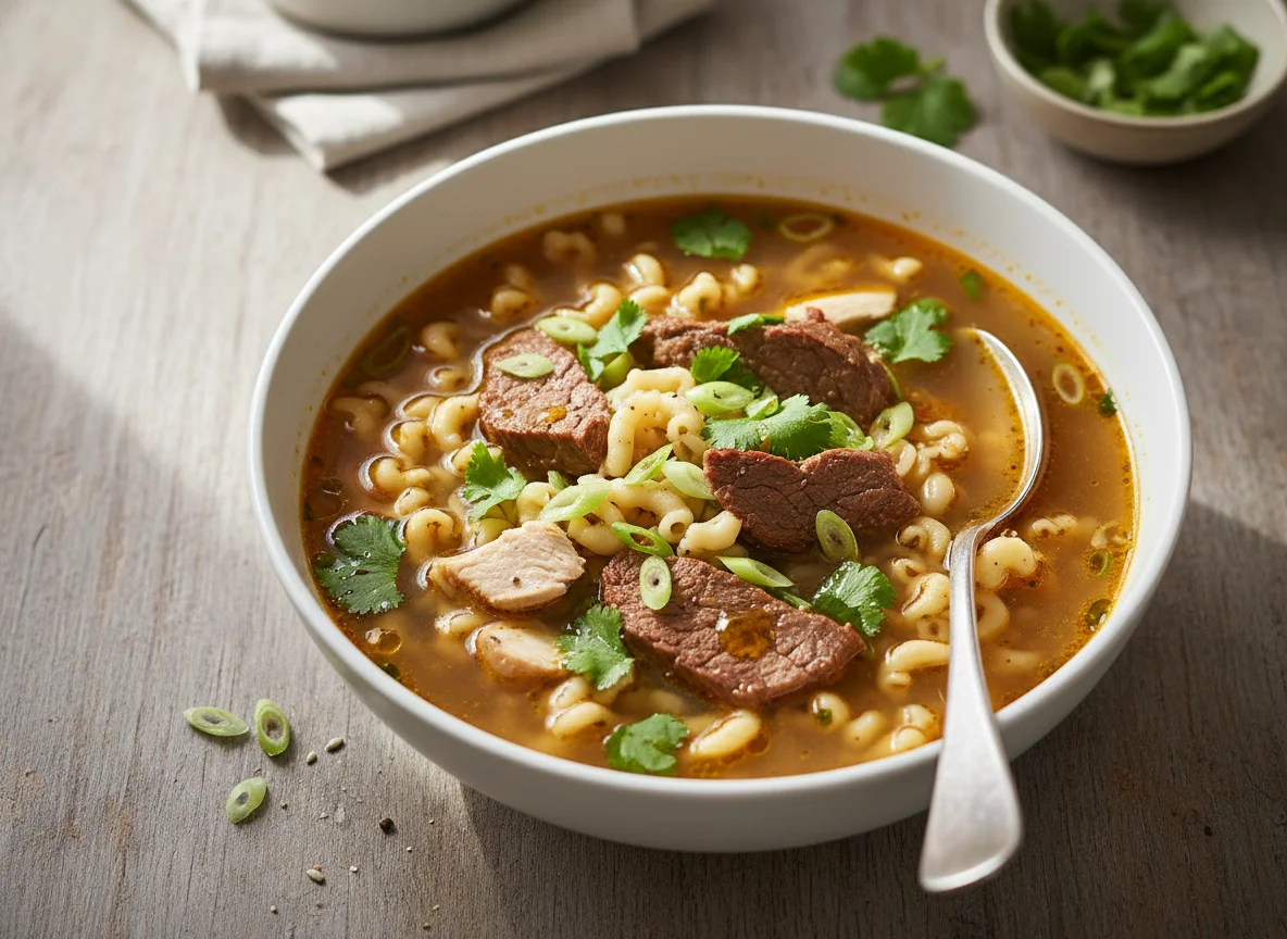 Nudelsuppe mit Rindfleisch und Huhn photo