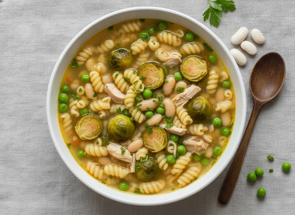 Nudelsuppe mit Rosenkohl und Bohnen photo