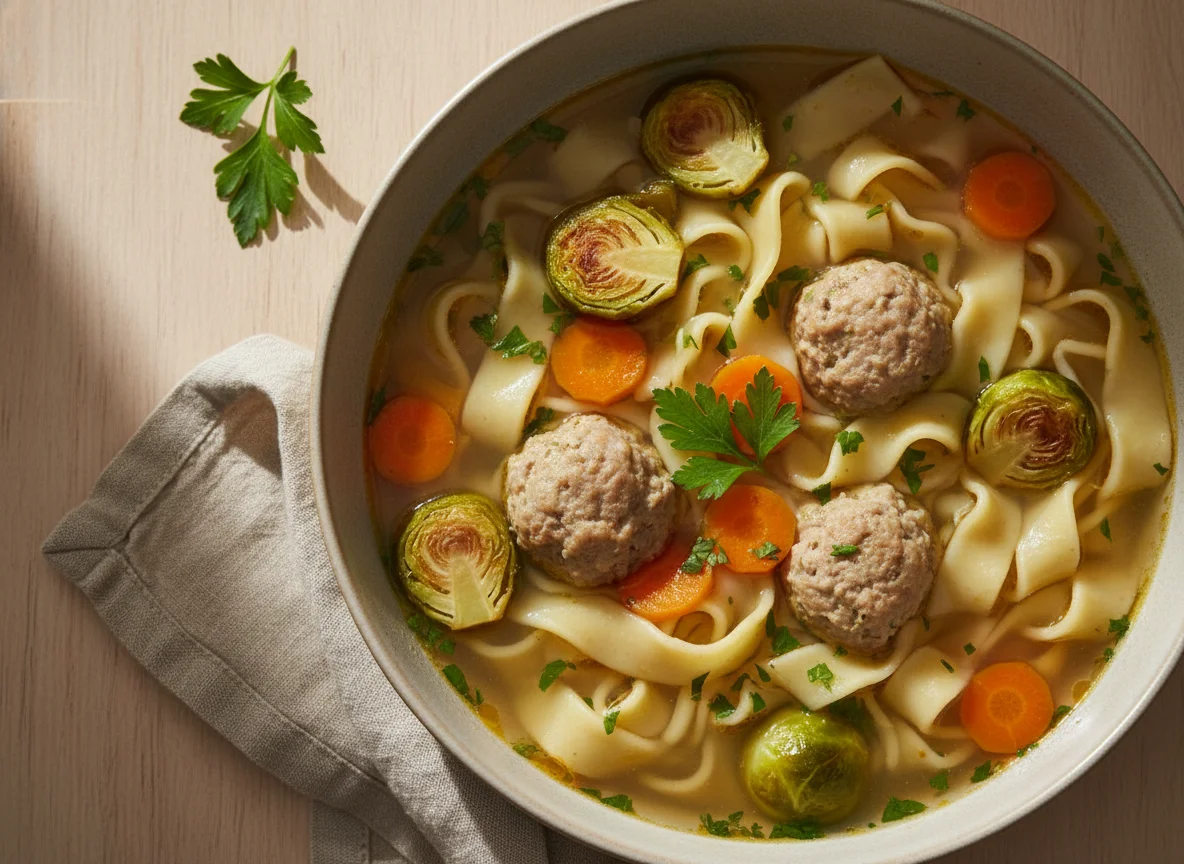 Nudelsuppe mit Rosenkohl und Fleischklößchen photo