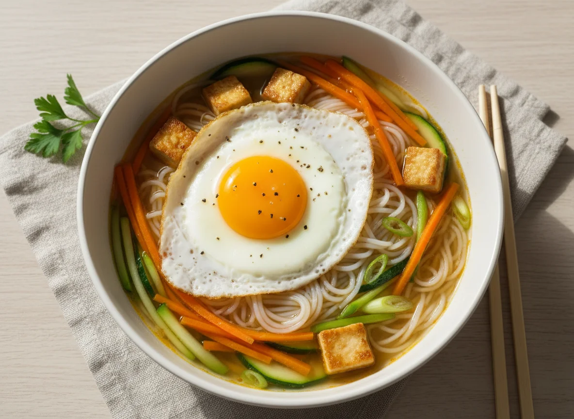 Nudelsuppe mit Spiegelei und Gemüse photo