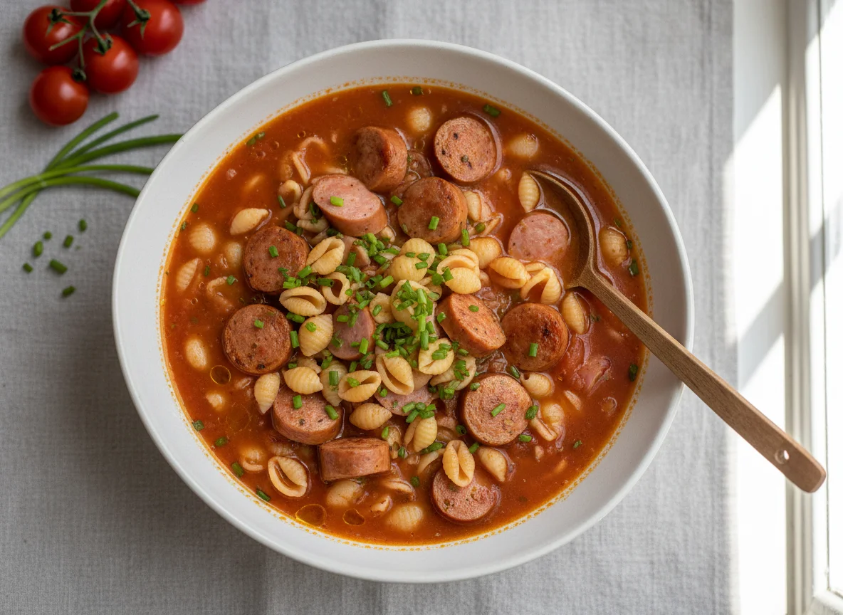 Nudelsuppe mit Tomaten und Wurst photo