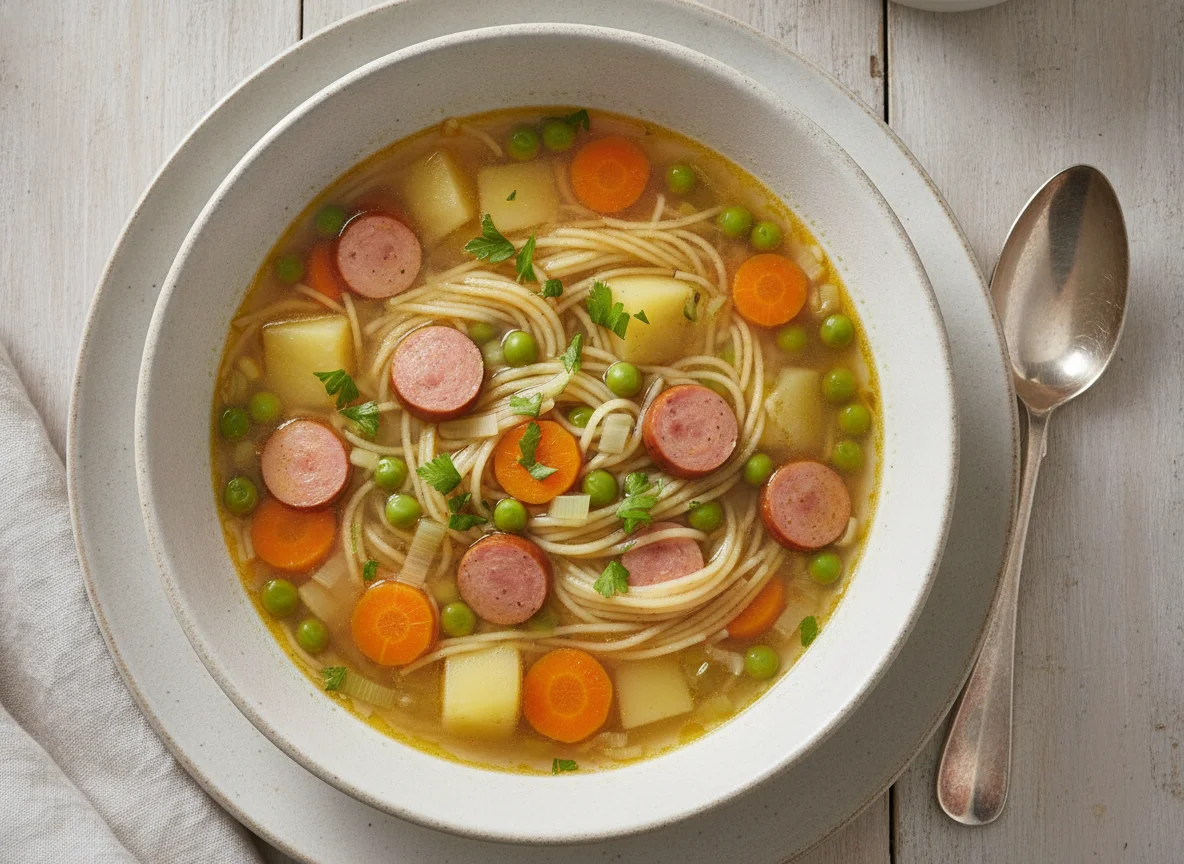Nudelsuppe mit Wiener Würstchen und Gemüse photo