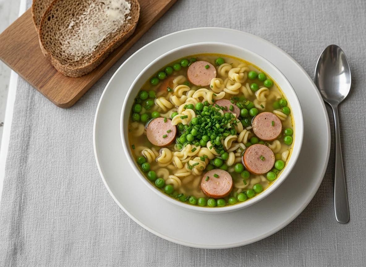 Nudelsuppe mit Würstchen und Erbsen photo