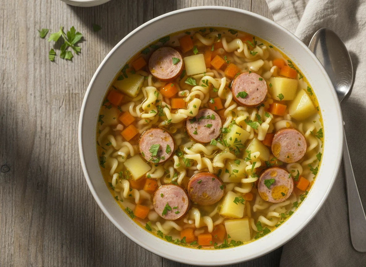 Nudelsuppe mit Würstchen und Kartoffeln photo