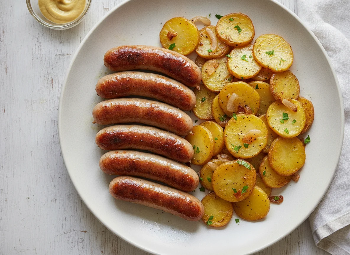 Nürnberger Rostbratwürste mit Bratkartoffeln photo